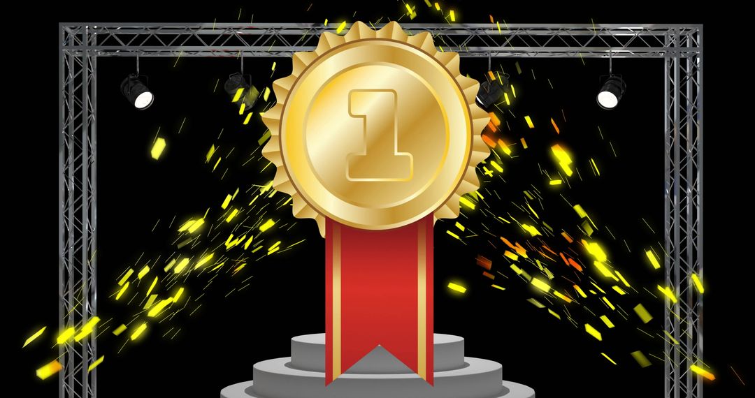 Gold Medal on Podium with Confetti Lights in Background