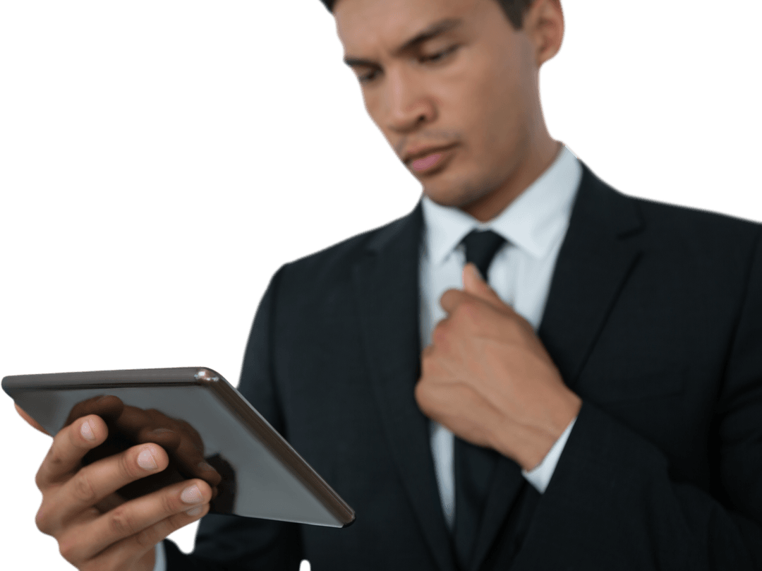 Transparent Background Businessman Holding Tablet and Adjusting Tie