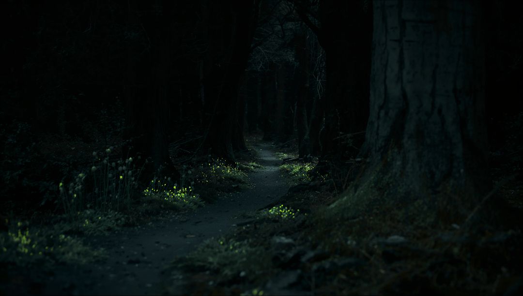 Enchanted Forest Path Illuminated by Mysterious Night Lights