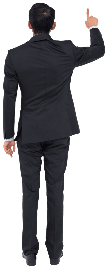 Transparent Businessman Pointing in Black Suit from Back View