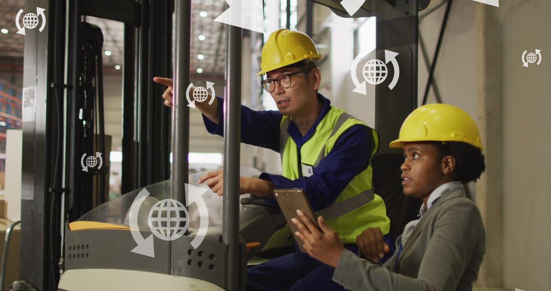 Diverse Engineers Collaborating in Warehouse with Digital Interface Overlay