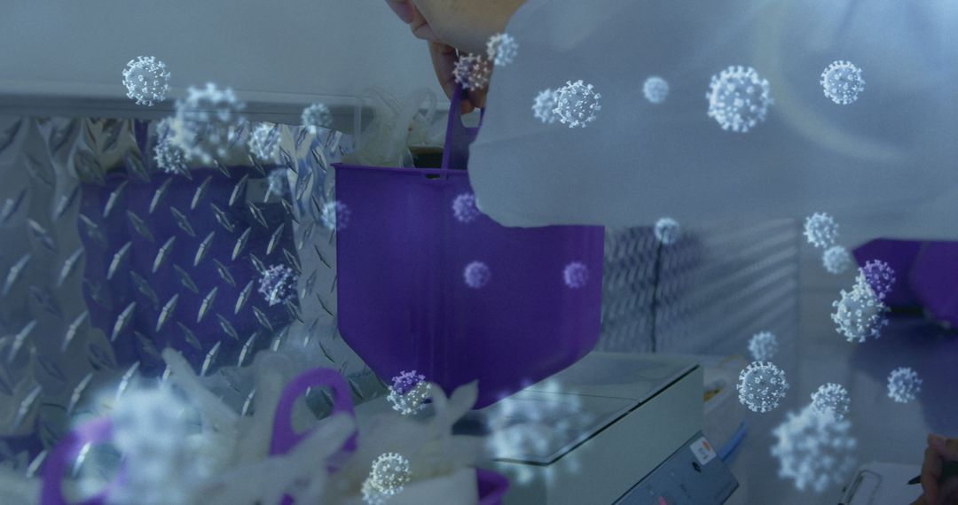 Scientist Conducting Reasearch with Virus Graphic Overlay in Laboratory