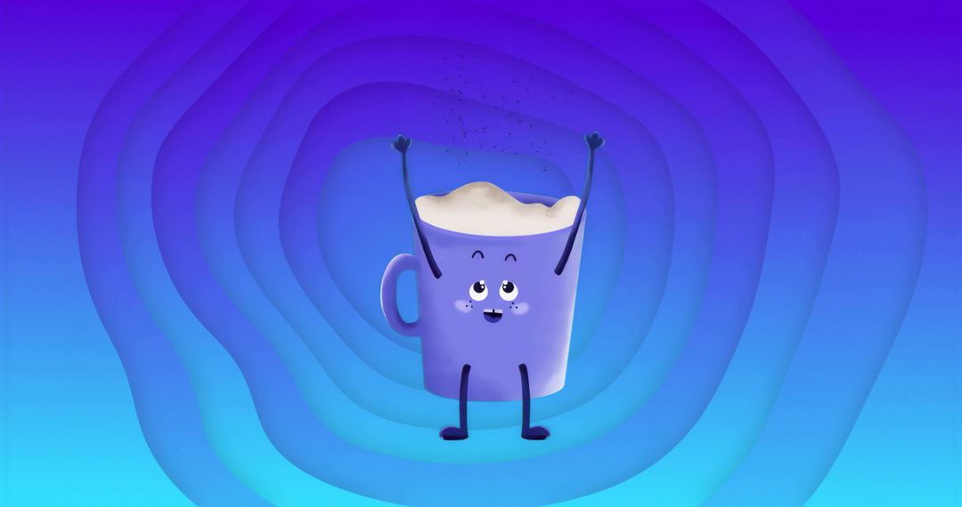 Whimsical purple mug with animated features in vibrant gradient