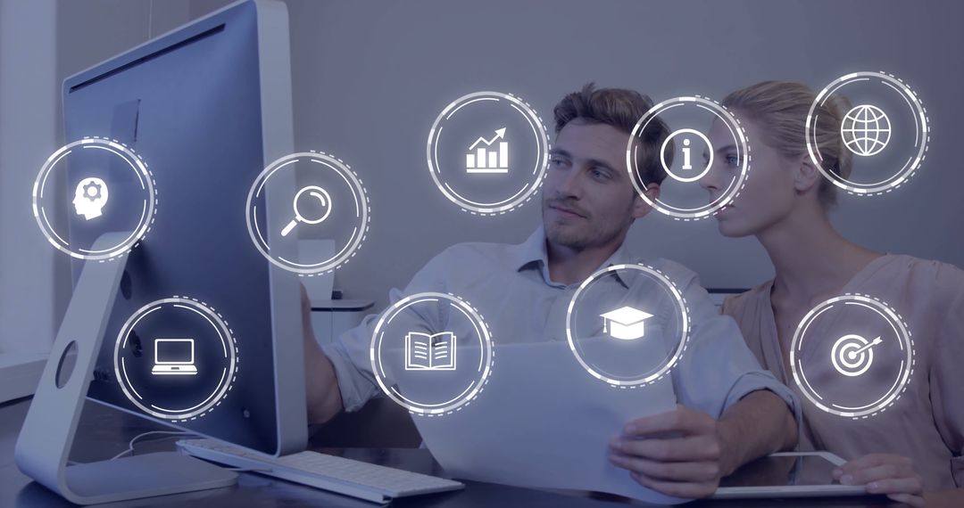 Business Professionals Reviewing Data with Technology Interface