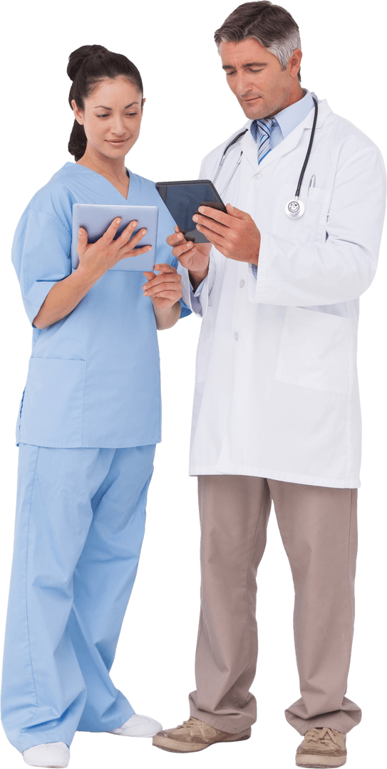 Doctor and Nurse Collaborating with Tablet on Transparent Background