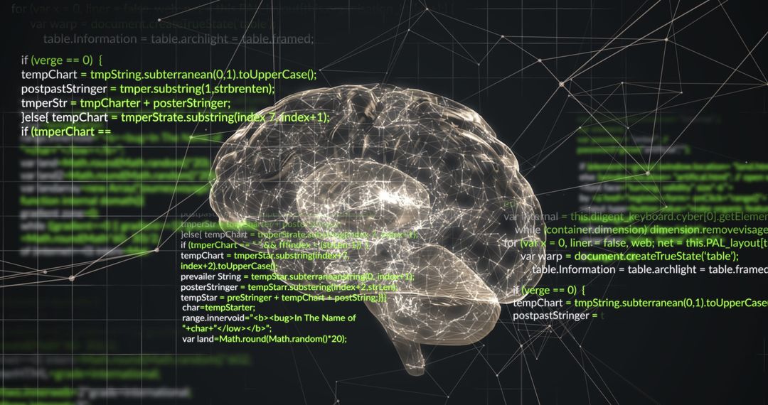 Digital Brain with Code Overlay on Tech Background