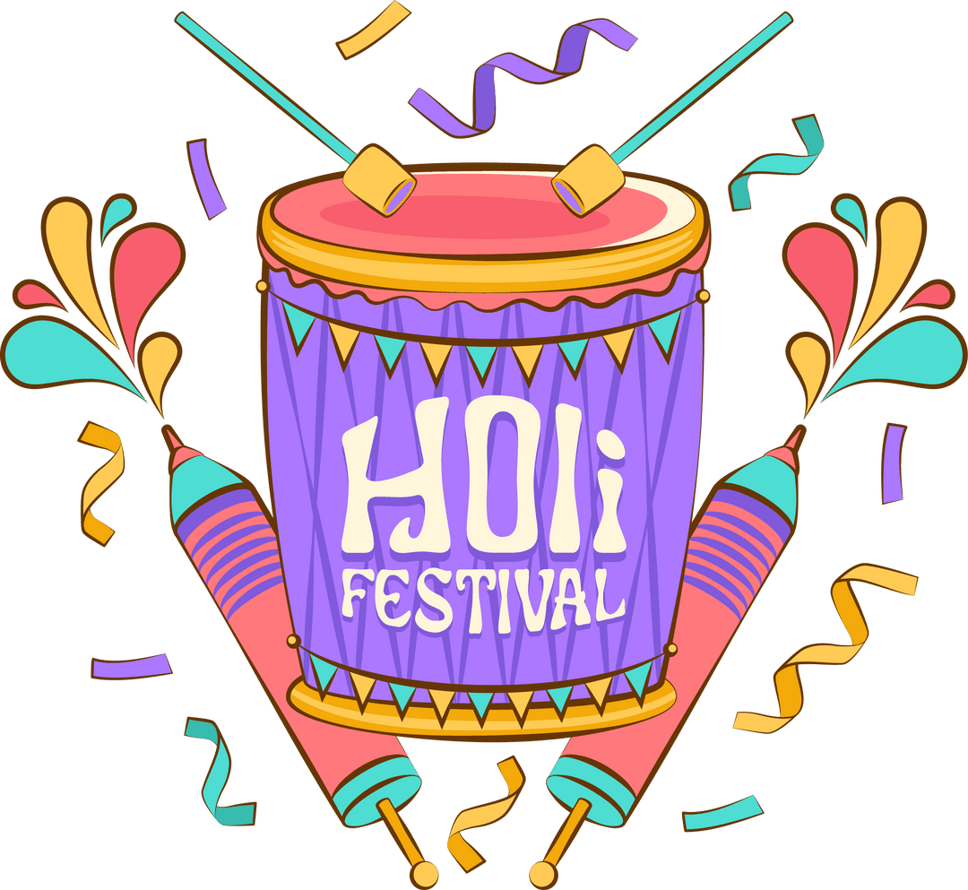 Colorful Holi Festival Drum with Pichkaris on Transparent Background
