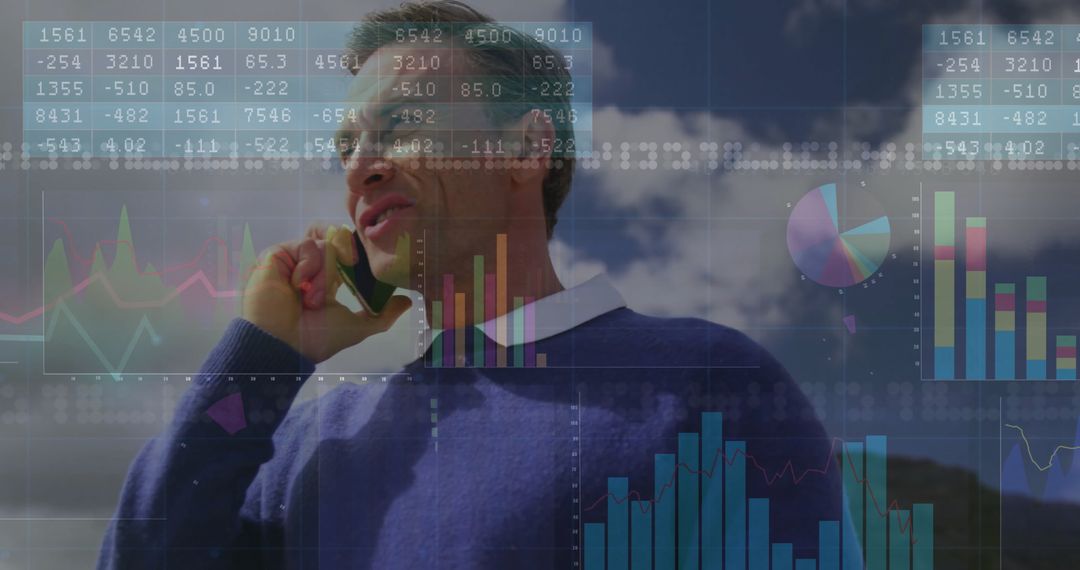 Businessman Discussing Finances with Data Visualization in Mountain Scenery