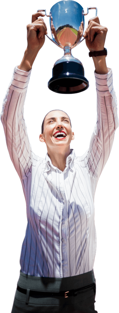 Smiling Businesswoman Celebrating with Trophy on Transparent Background