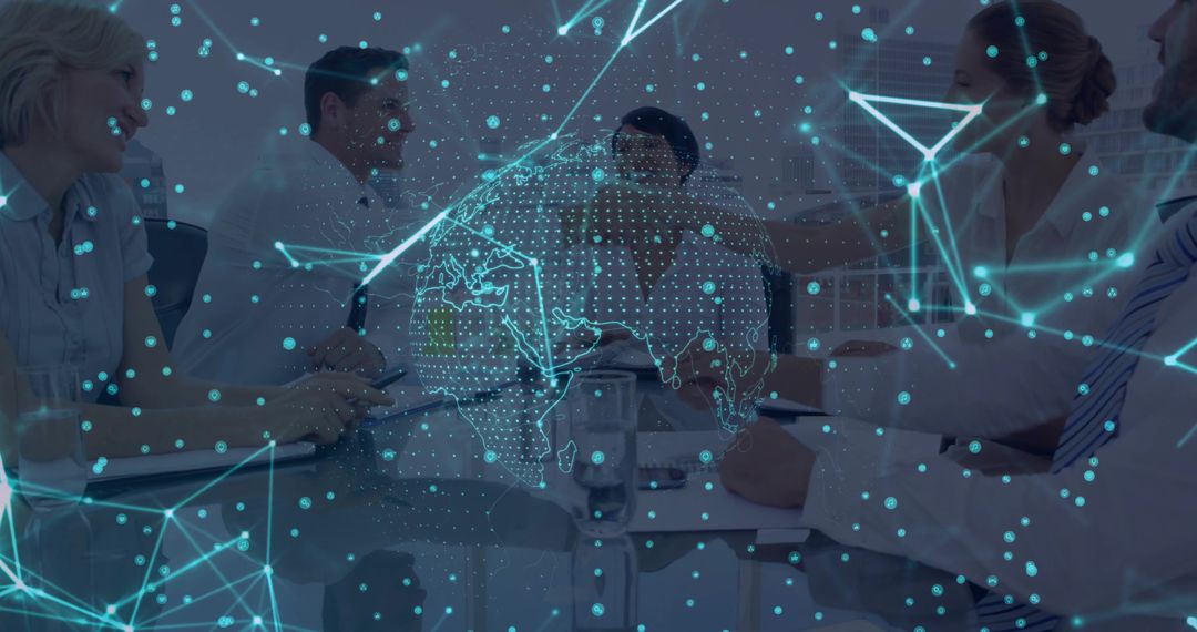 Business Team Analyzing Data with Holographic Map in Modern Office