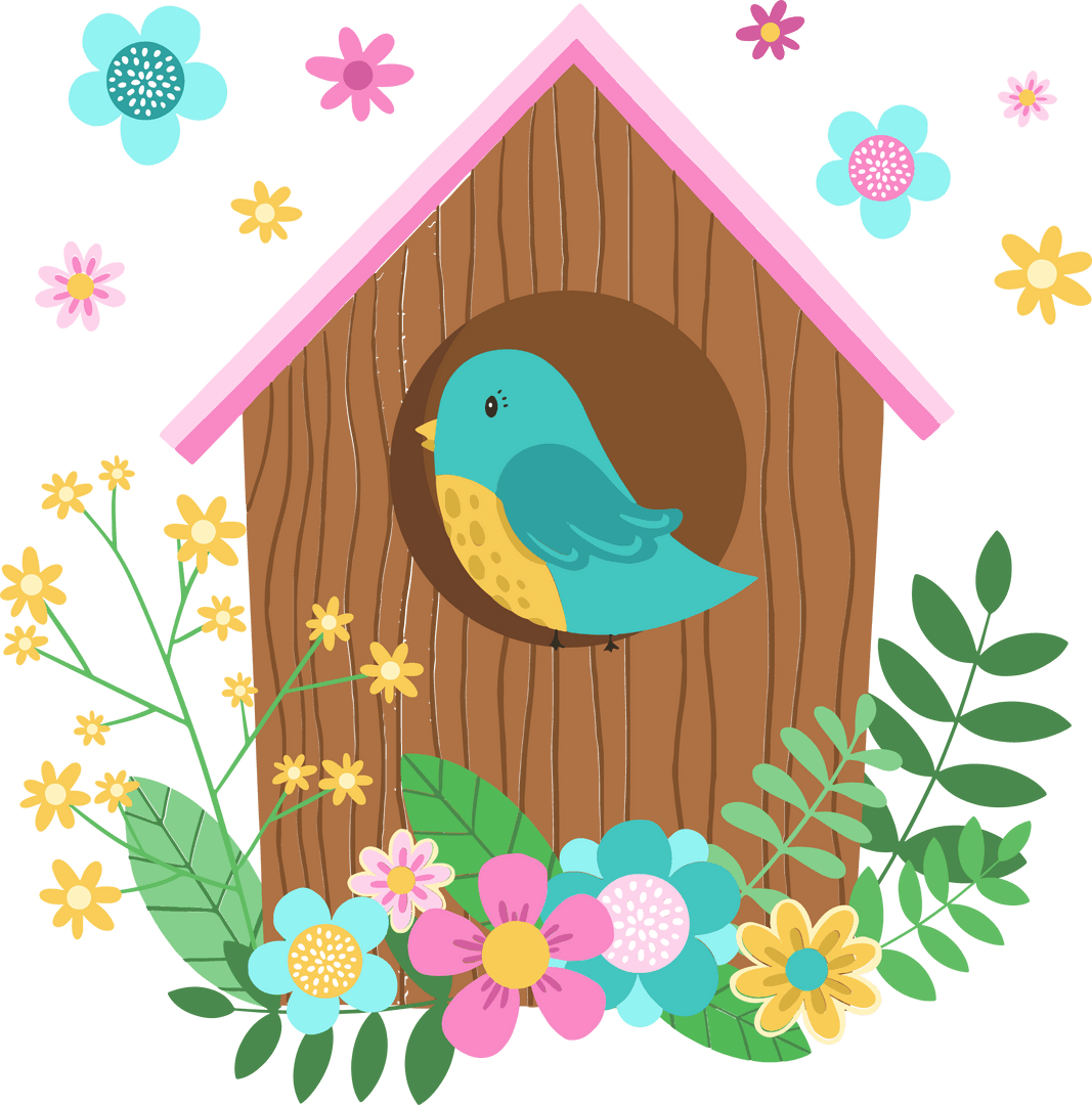 Whimsical Birdhouse with Teal Bird on Transparent Spring Background