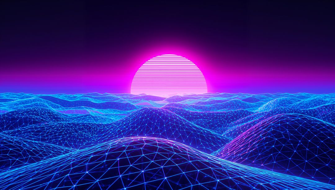 Neon Wireframe Terrain at Digital Dawn Sunset