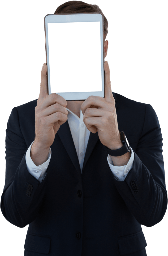 Businessman Hiding Face with Transparent Digital Tablet in Formal Attire