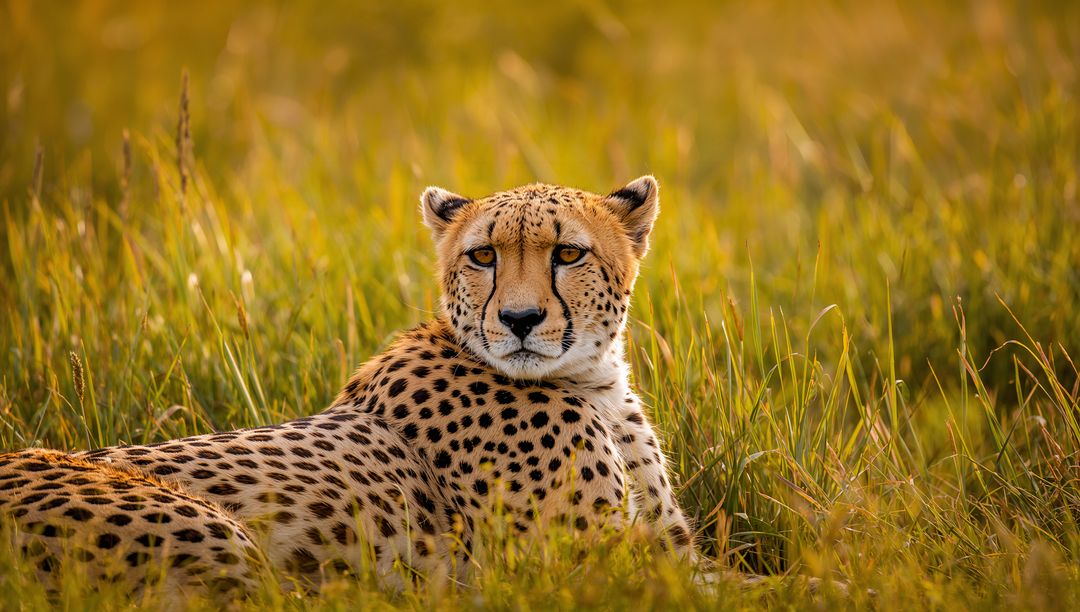 Cheetah Resting in Golden Savanna Grassland at Sunrise