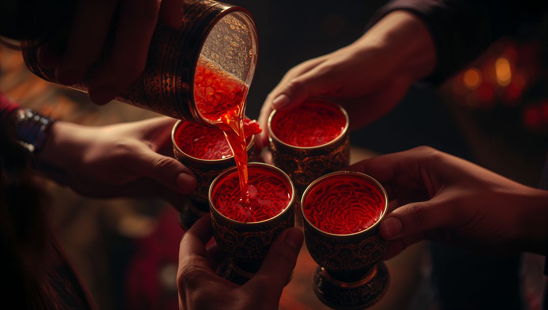Red Liquid Poured Into Ornate Goblets During Festive Ceremony