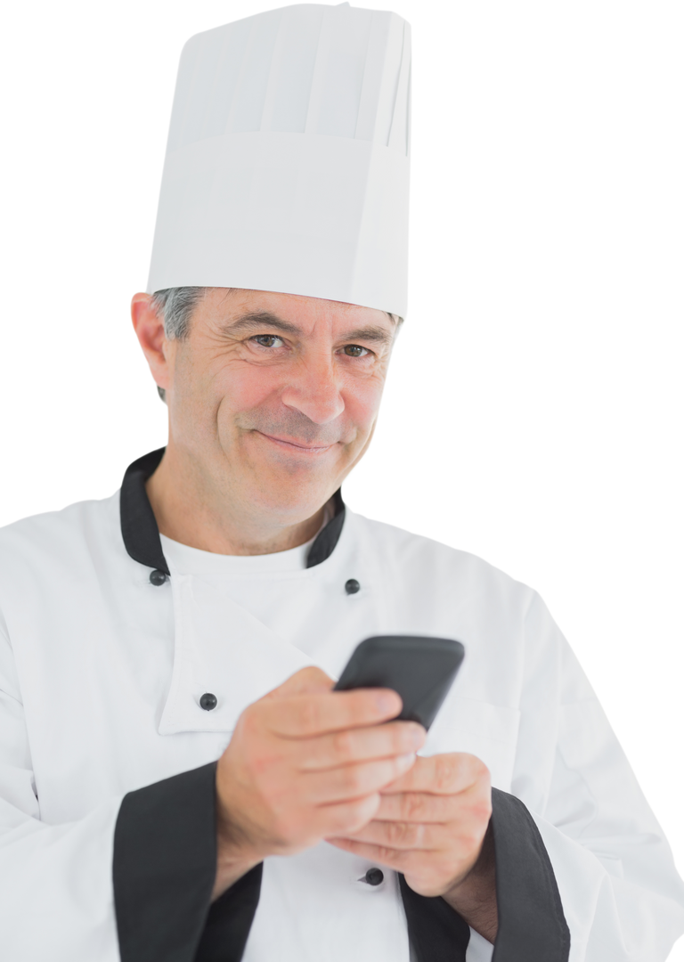 Transparent happy smiling chef holding smartphone displaying friendly gesture - Download Free Stock Images Pikwizard.com