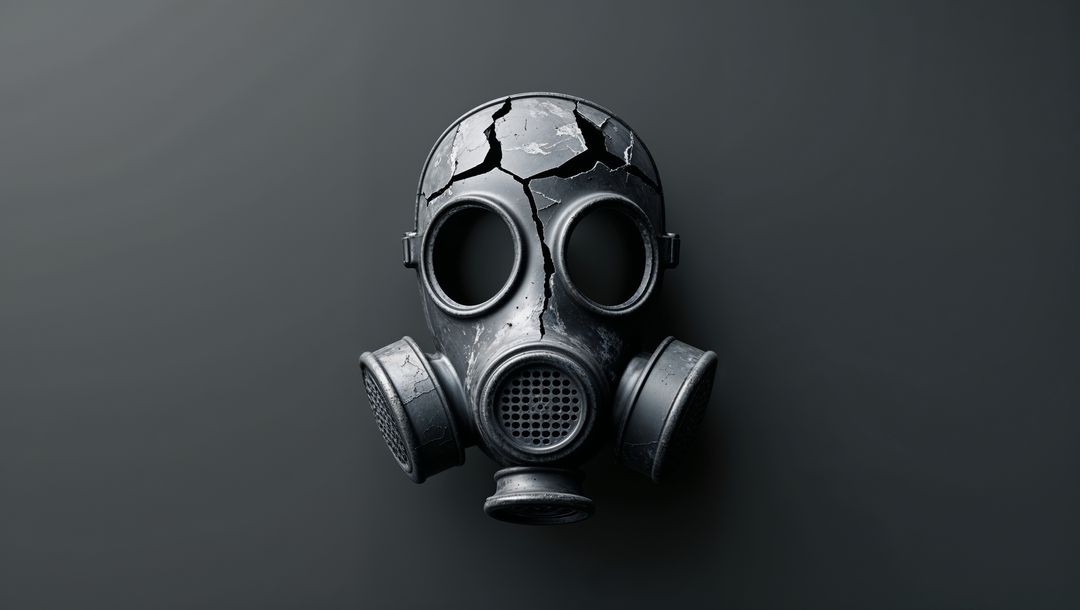 Apocalyptic gas mask with cracks on dark background
