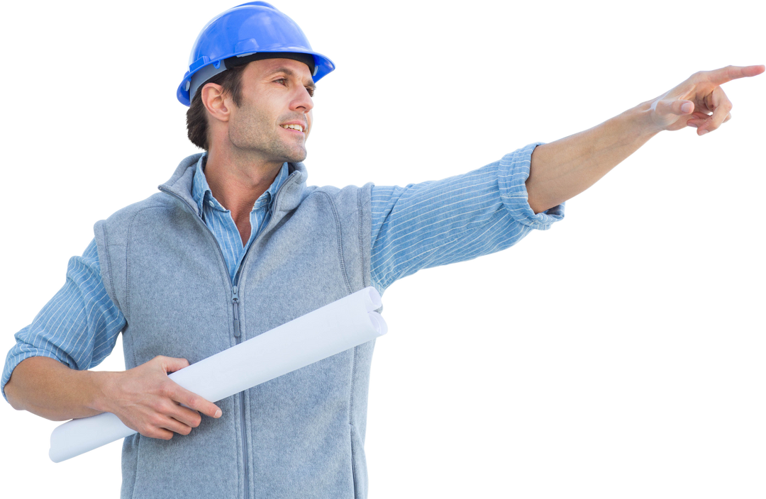 Caucasian Male Architect Pointing with Blueprint on Transparent Background - Download Free Stock Images Pikwizard.com