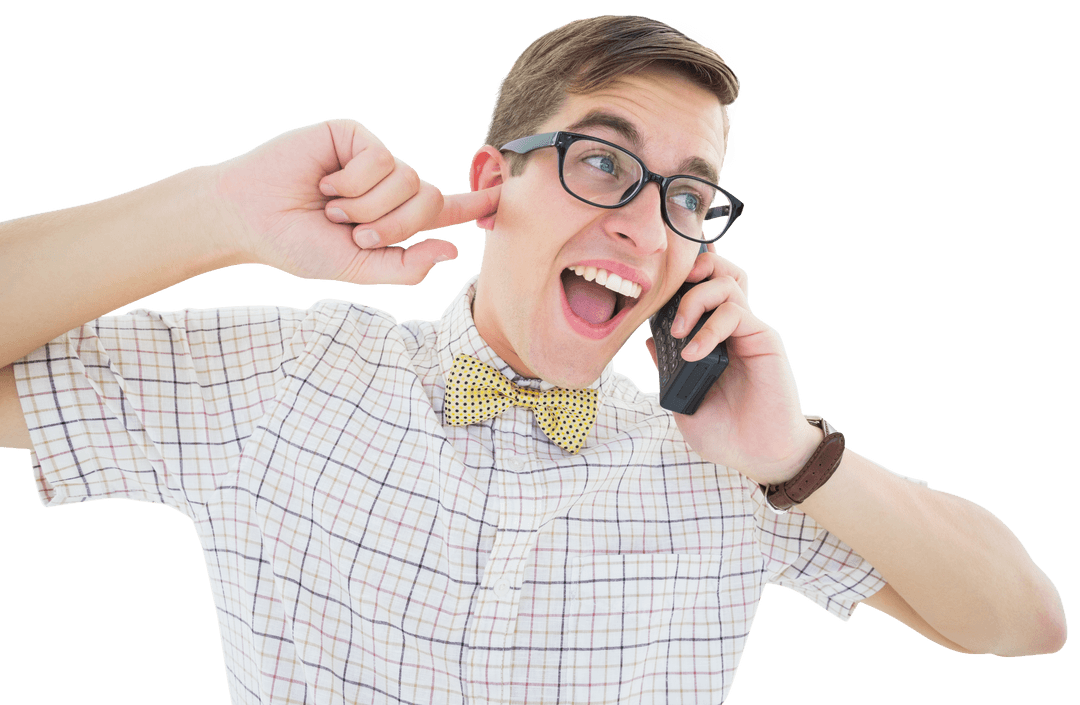 Transparent Hipster Blocked by Loud Phone Call Headshot