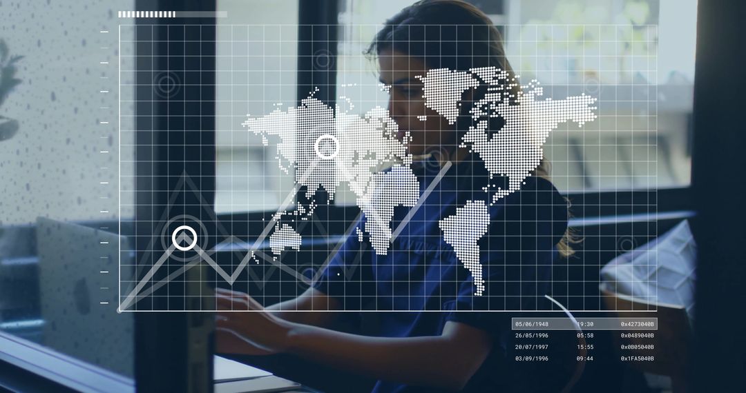 Businesswoman Reviewing Global Data Dashboard on Laptop with World Map Analytics Overlay