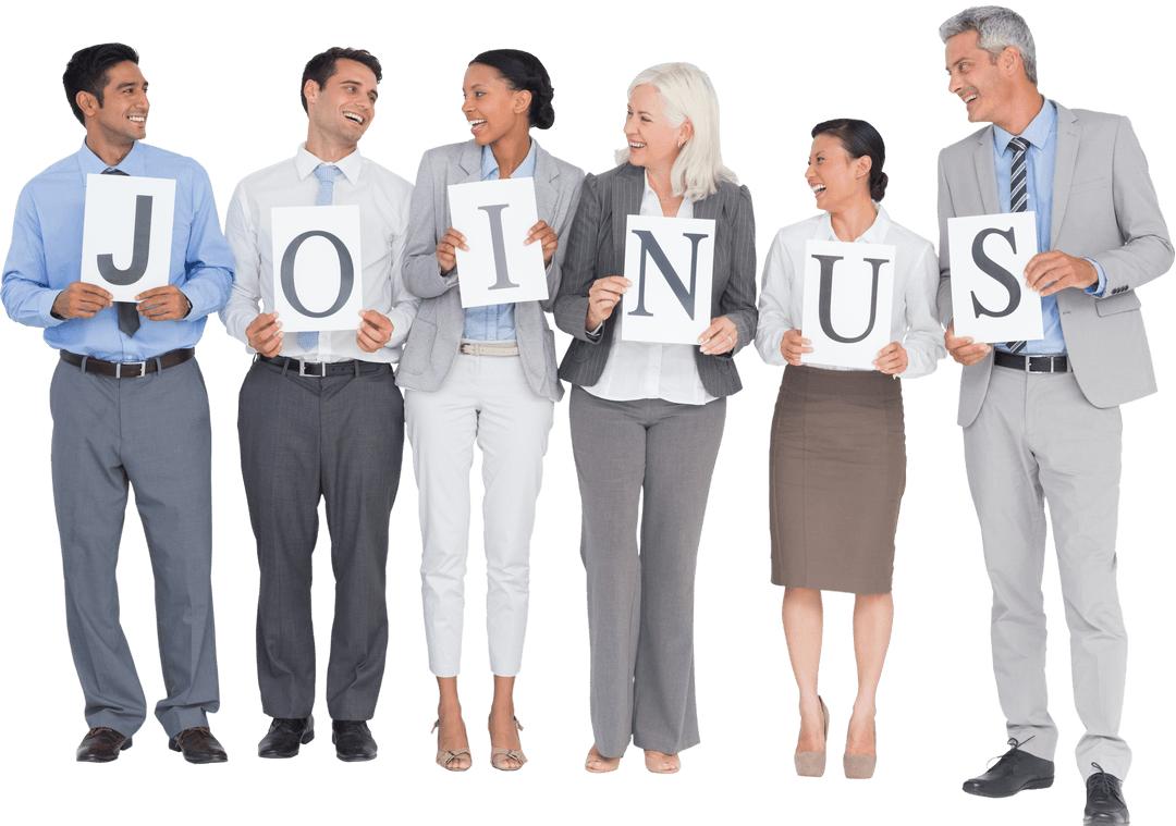 Diverse Business Team Holding Join Us Transparent Signs