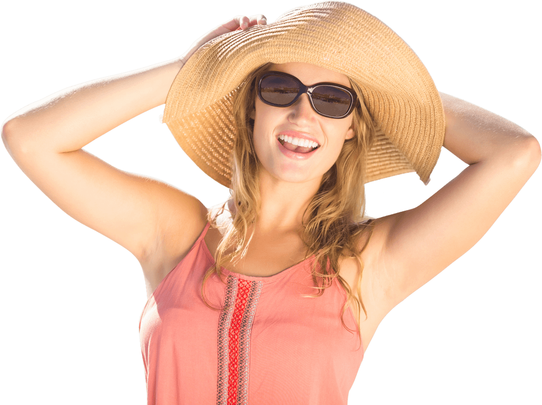 Smiling Woman in Hat Sunbathing on Transparent Background