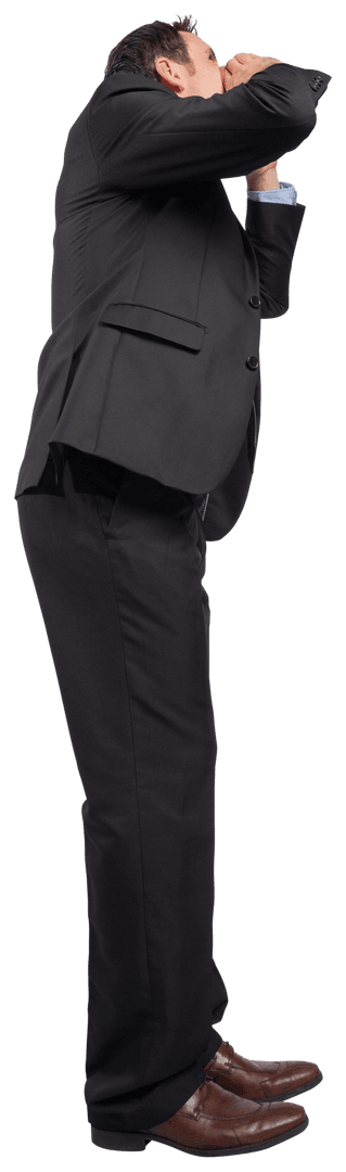 Caucasian Businessman Shouting Hand Cup on Transparent Background