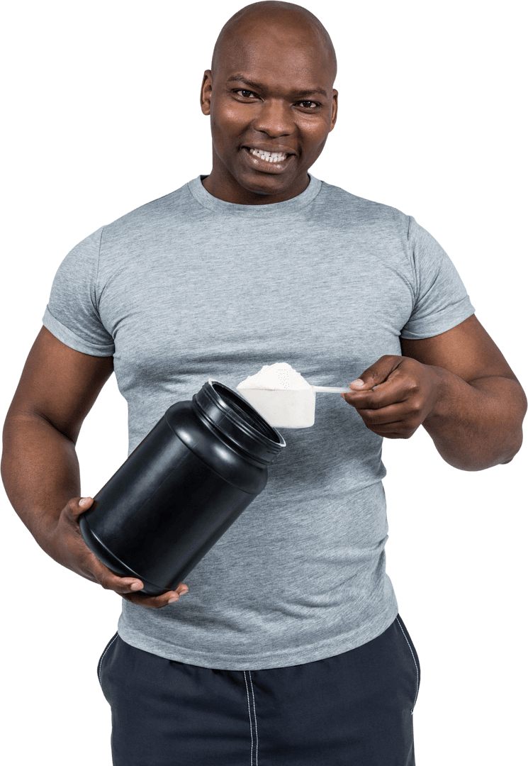 Transparent Background Black Man Scooping Protein Powder Smiling