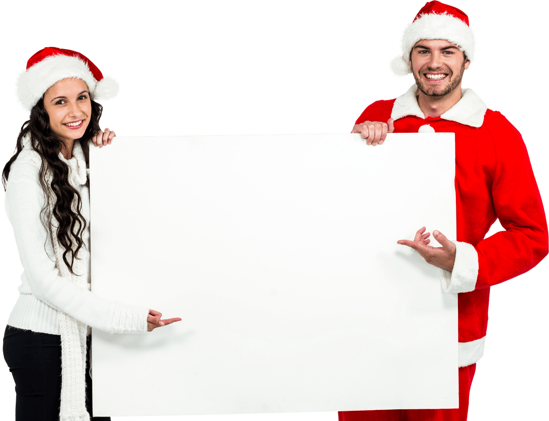 Smiling Santa Couple Pointing at Transparent Message Board