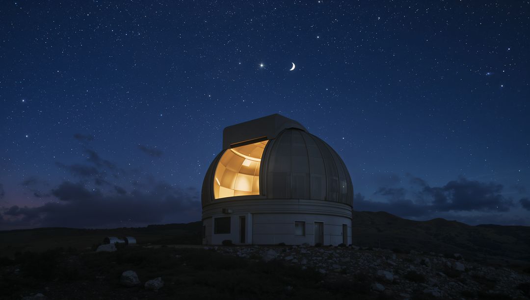 Illuminated Observatory Dome Against Starry Night Sky with Crescent Moon