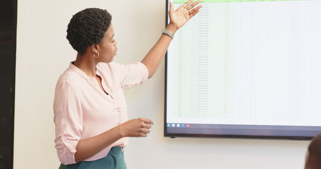 Female Professional Presenting Data on Screen