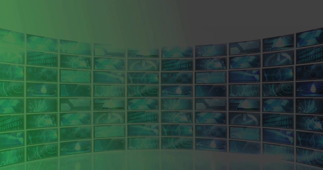 Curved Multi-Screen Wall Depicting Futuristic Interface Graphics