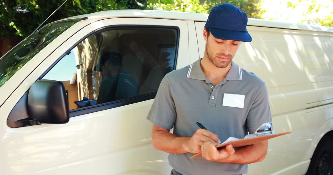 Delivery Worker Checking Order with Clipboard Beside Van - Free Images, Stock Photos and Pictures on Pikwizard.com