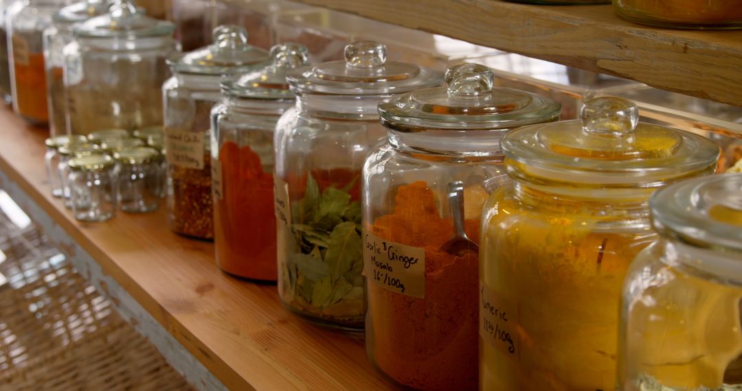 Assorted Spices in Glass Jars on Wooden Shelf in Pantry - Free Images, Stock Photos and Pictures on Pikwizard.com