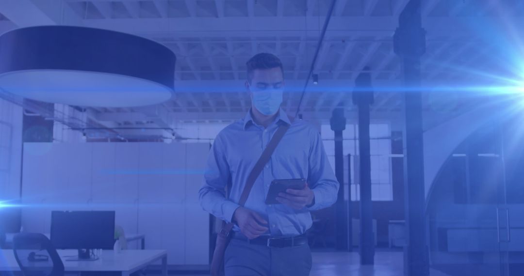 Office Worker in Mask Using Smartphone Amid COVID-19 Pandemic