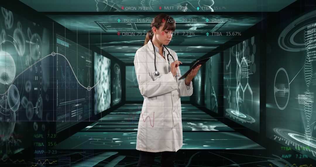 Female Doctor Analyzing Digital Interface with Medical Data