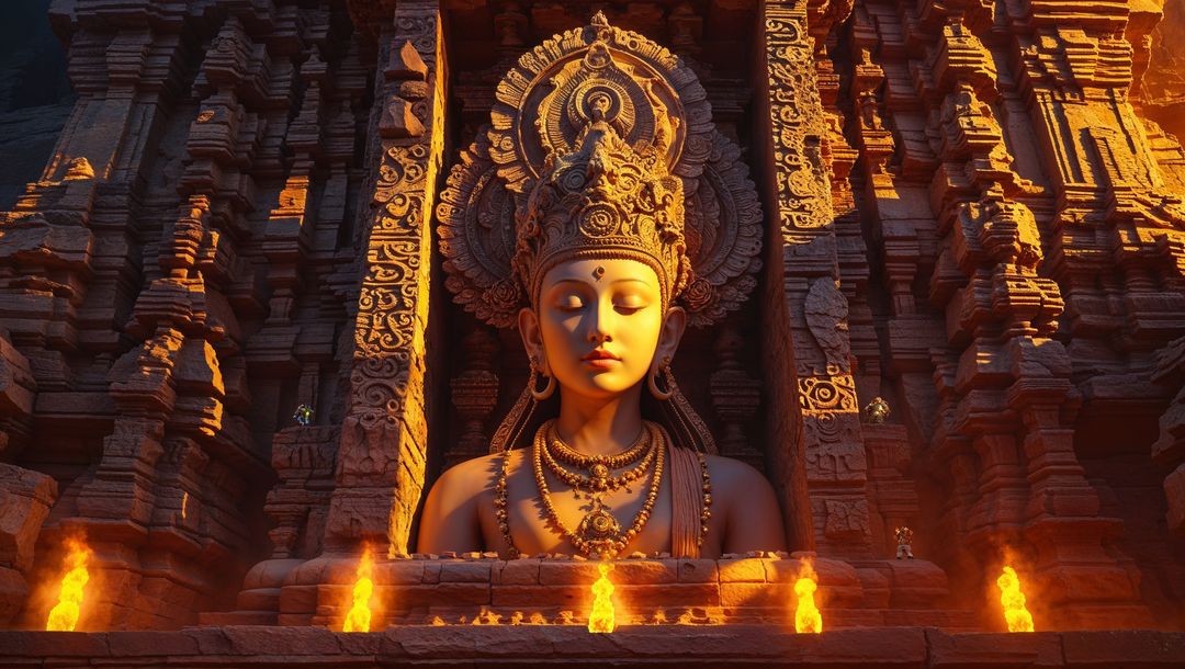 Sacred Deity Bust with Fiery Glow in Temple Sanctuary