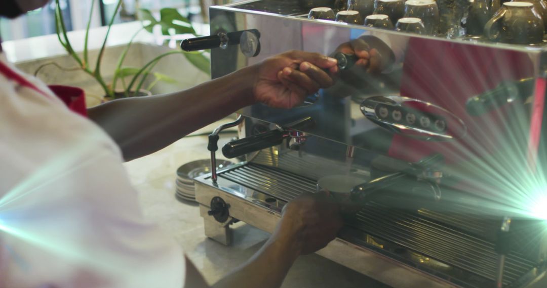 Barista Preparing Coffee with Modern Espresso Machine in Cafe