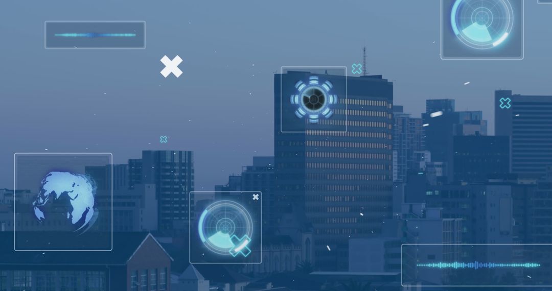Futuristic Digital Interfaces Scanning Urban Cityscape