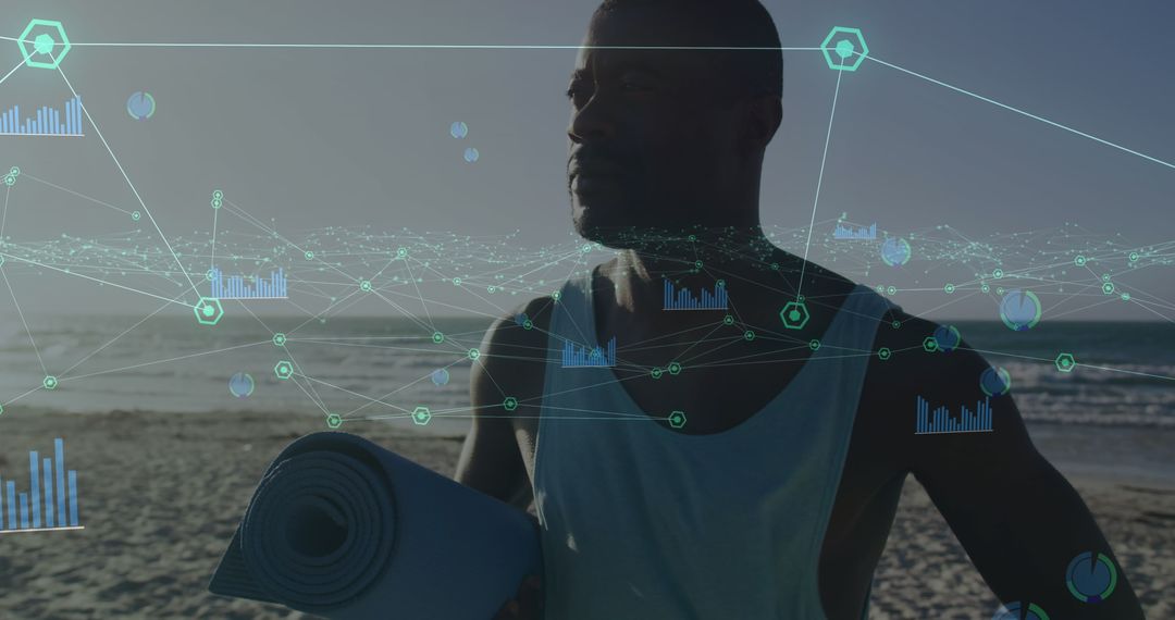 Man with Yoga Mat on Beach Interacting with Emerging Data Visuals