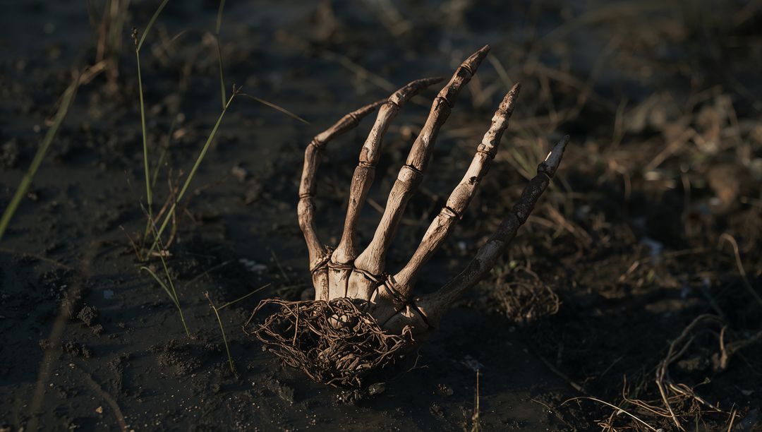 Skeletal Hand Emerging from Marsh Mud in Mysterious Scene