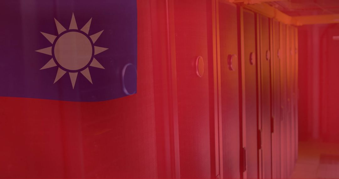 Taiwanese Flag Over Data Center Servers Symbolizing Connectivity