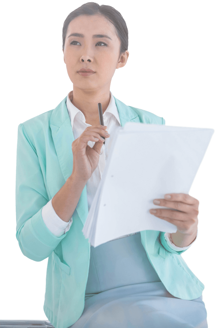 Transparent Businesswoman Holding Notes Contemplating