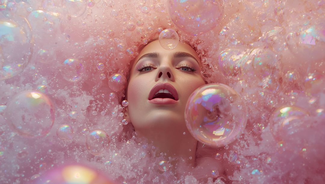 Ethereal Model Amidst Pink Foam and Iridescent Bubbles