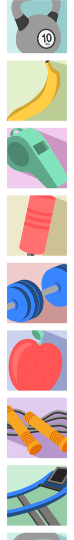 Colorful Fitness Nutrition Icons on Transparent Rectangles