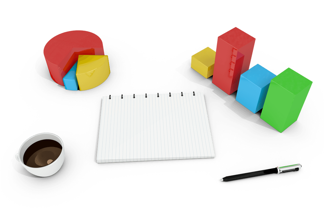 3D Charts with Notebook and Coffee on Transparent Background