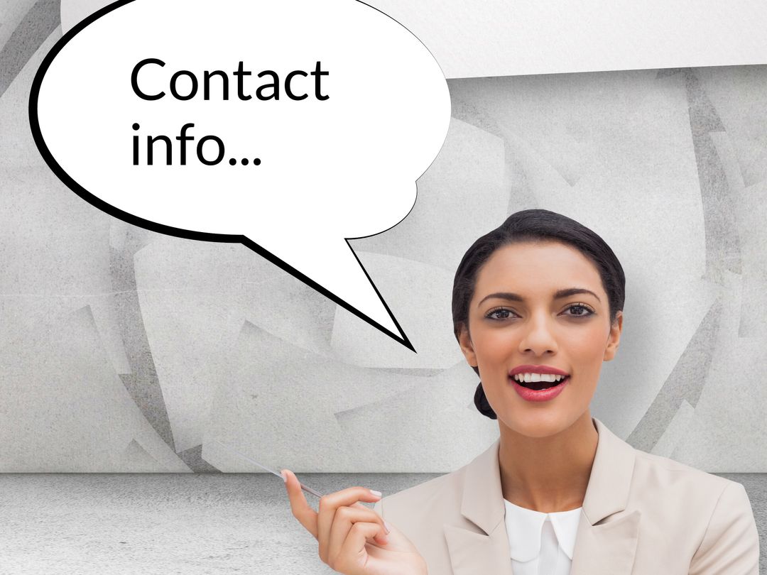 Smiling Businesswoman with Speech Bubble Sharing Contact Info