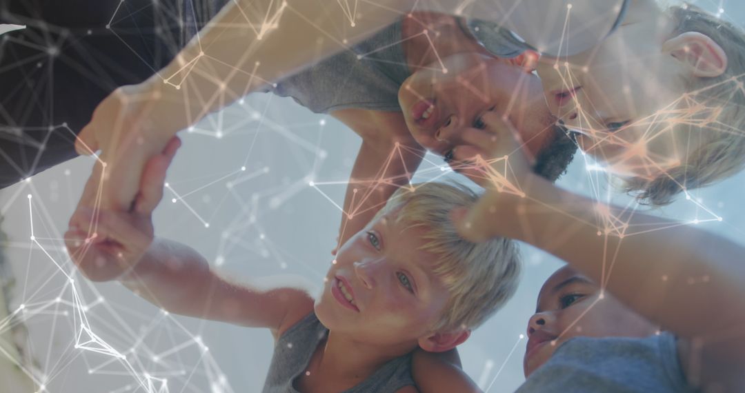 Diverse Boys Huddling Linked by Digital Network Overlay