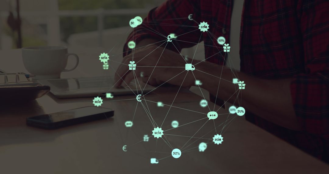 Hands Interacting with Digital Network Icons on Tablet