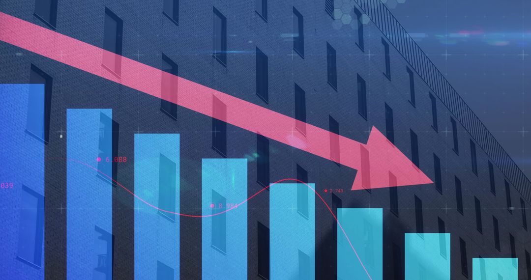 Financial Downturn Illustrated with Downward Graph and Modern Building Overlay